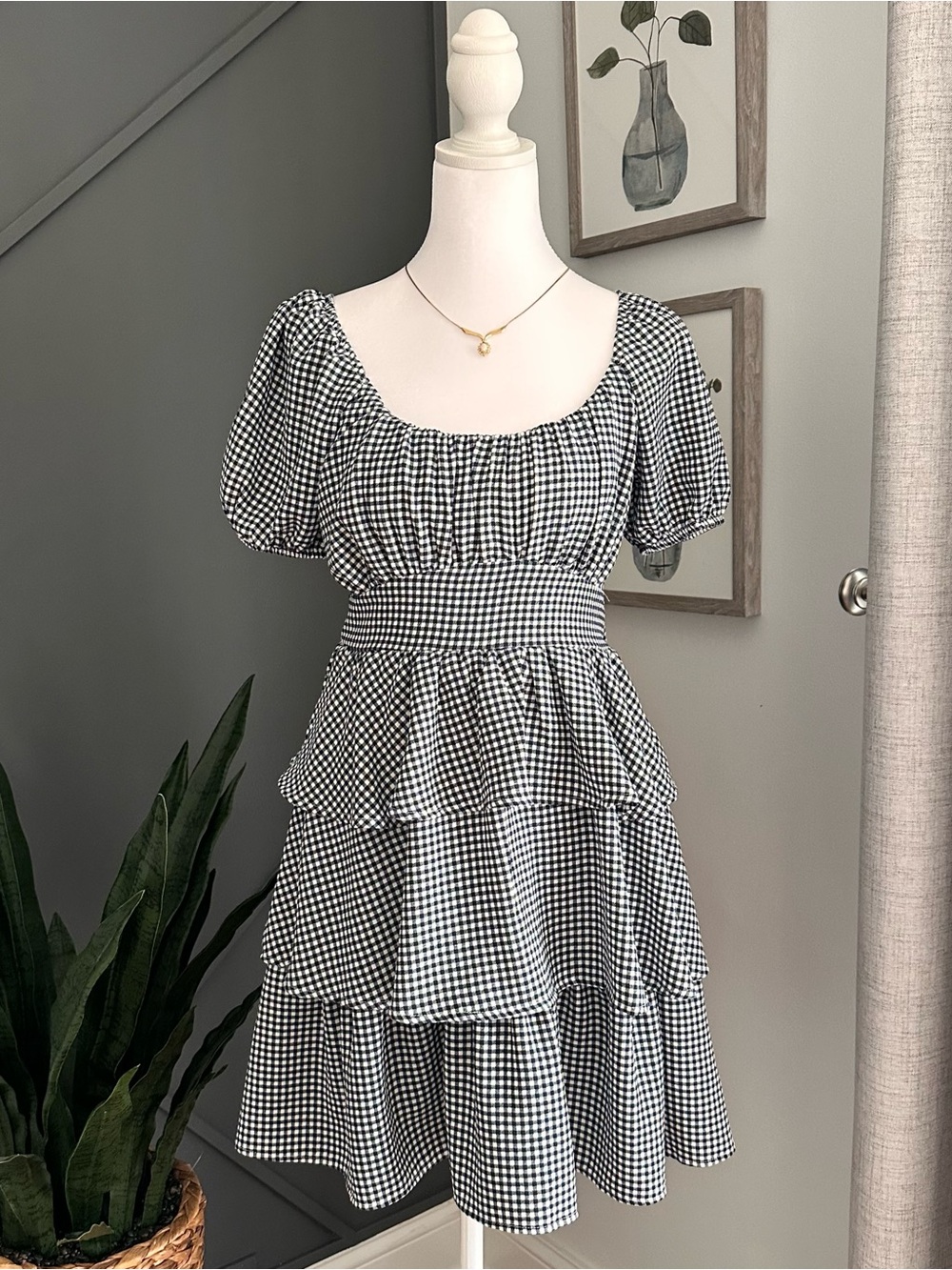 Black & White Gingham Tiered Mini Dress with Puff Sleeves